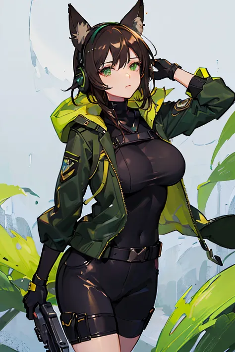 (Masterpiece: 1.5), (Best Quality: 1.5), (Perfect Face), 1 Woman, Mature Woman, Fox ears, Fox tail, green eyes, dark brown hair, big breasts, tactical gear, gun, spandex black shorts, tactical jacket, headset, gloves,