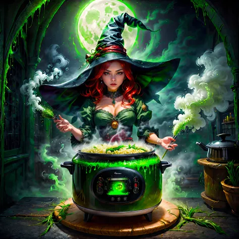 Weird and seductive witch in her alchemist&#39;s room, Perform alchemical magic with a steaming rice cooker filled with green glowing smoke, Eerie night background with full moon and window view, Dressed in traditional witch costume，((The strange and sinis...