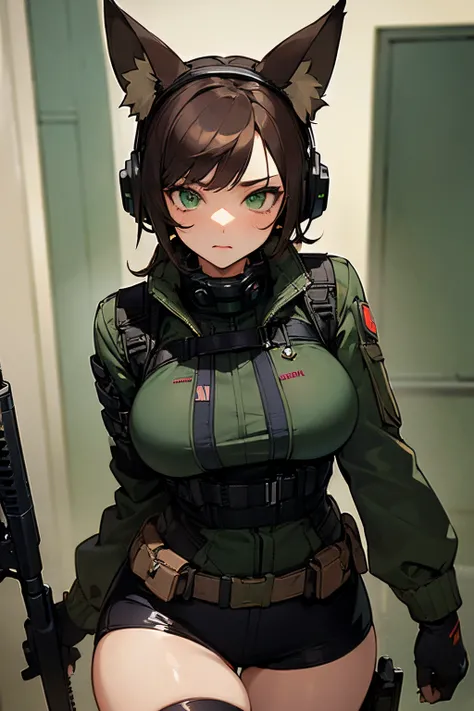 (Masterpiece: 1.5), (Best Quality: 1.5), (Perfect Face), 1 Woman, Mature Woman, Fox ears, Fox tail, green eyes, dark brown hair, big breasts, tactical gear, gun, spandex black shorts, tactical jacket, headset, gloves,