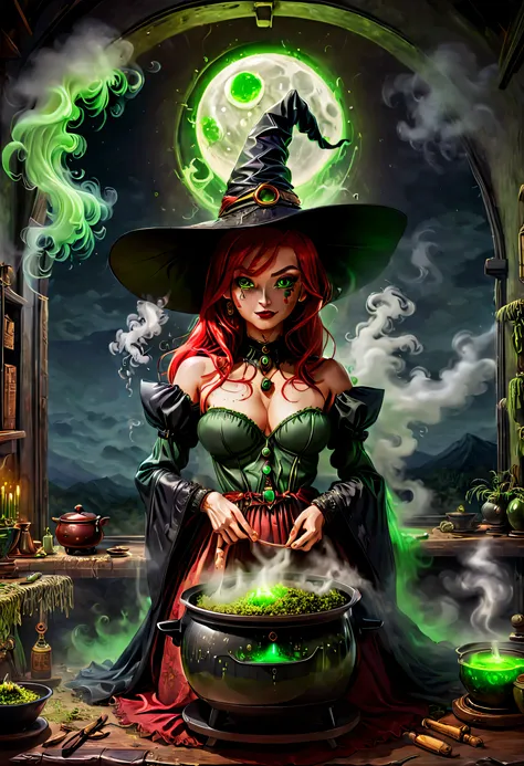 Weird and seductive witch in her alchemist&#39;s room, Perform alchemical magic with a steaming rice cooker filled with green glowing smoke, Eerie night background with full moon and window view, Dressed in traditional witch costume，((The strange and sinis...