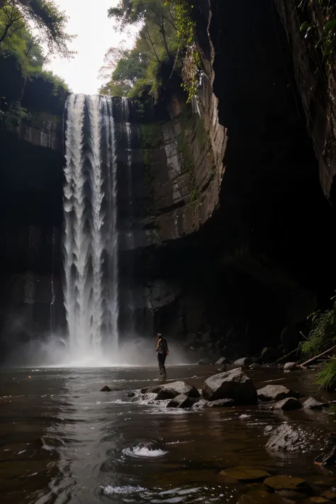 Crie uma imagem . com o fundo de uma cachoeira , e com a legenda Nos caminhos por onde andei