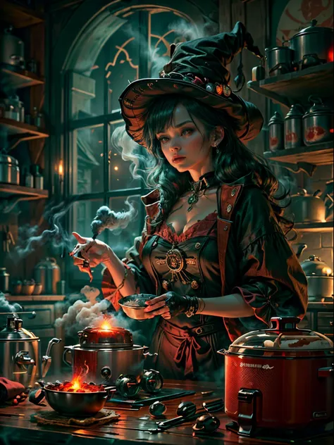 weird and seductive witch in her alchemist&#39;s room, perform alchemical magic with a steaming rice cooker filled with green gl...