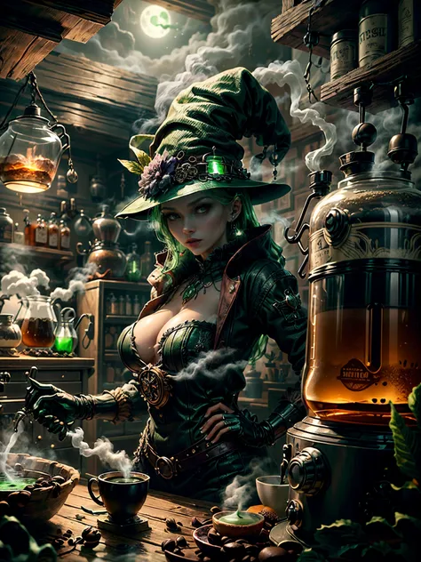 Weird and seductive witch in her alchemist&#39;s room, Perform alchemical magic with a steaming coffee maker filled with green glowing smoke, Eerie night background with full moon and window view, Dressed in traditional witch costume，((The weird and sinist...