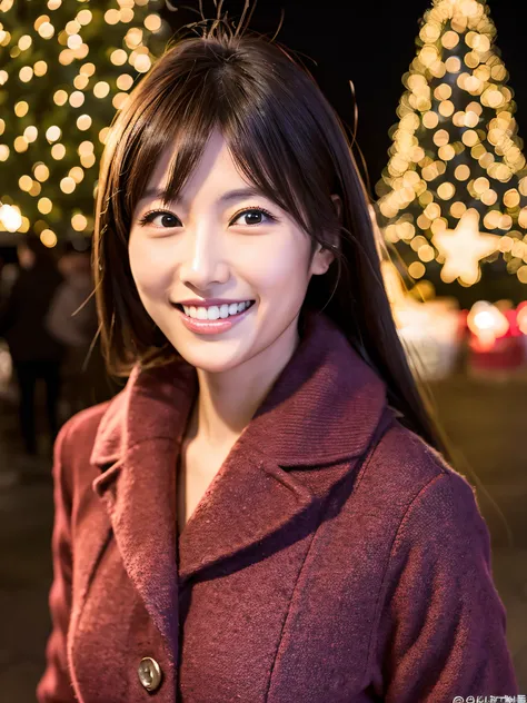 A Japanese milf, photo of one lady, Slender figure, Realistic teeth, double eyelids, smile, full-length, at the city christmas illumination