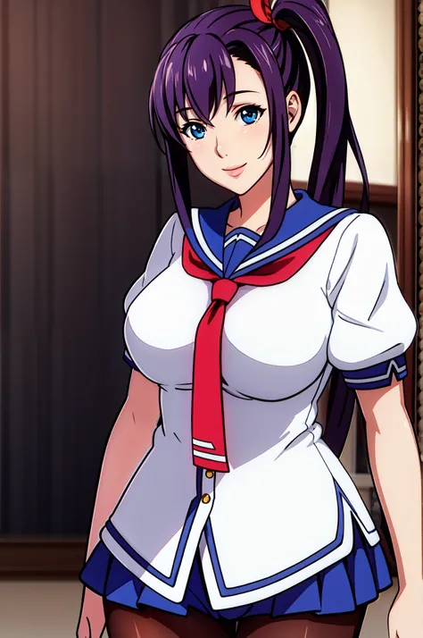 perfect eyes:1.2, detailed eyes:1.4, Blue sailor collar, school uniform, cowboy shot, pantyhose, serafuku, short sleeves, Red neckerchief, White shirt, Blue eyes, Purple hair, bangs, side ponytail, Hair ornament, 20yo, Young female, Beautiful Finger, Beaut...