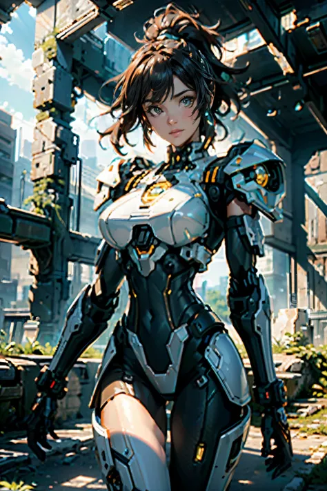 ((best quality)), ((masterpiece)), (highly detailed:1.3), 3d,shitu-mecha, beautiful cyberpunk women with her mecha in the ruins ...