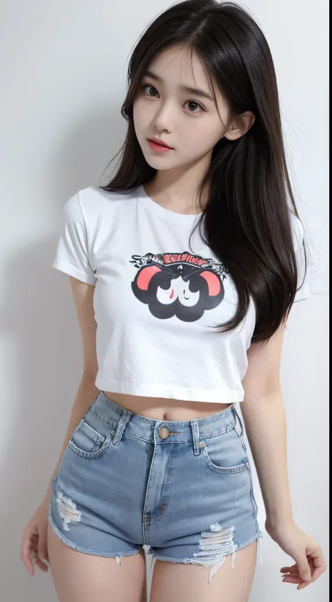 exquisite facial features，Cute loli，adorable round face，the hair，looking at viewert，petite，White-colored skin，skinny shorts jeans，Vaginal thrust by，The stands up，actual