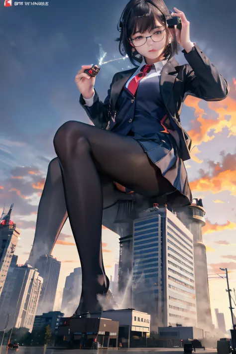 giantess art, a hyperrealistic schoolgirl, , highly detailed giantess shot, der riese, Shorthair, Black pantyhose, Giant high school girl that exceeds a skyscraper。Wearing rimless glasses。Colossal tits。Navy blue blazer、Red tie、Mini Length Skirt、Black panty...