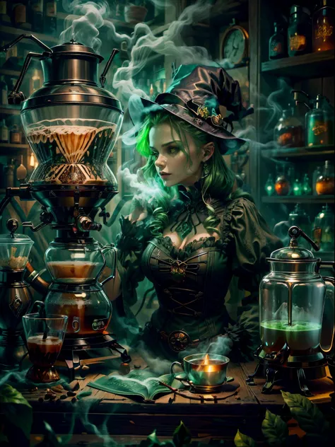 weird and seductive witch in her alchemist&#39;s room, perform alchemical magic with a steaming coffee maker filled with green g...