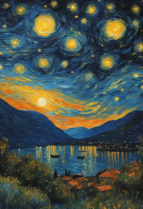 Van Gogh painted the starry sky naples landscape，cmyk color, Dreamy