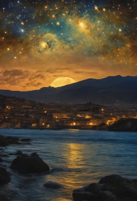 Van Gogh painted the starry sky naples landscape，cmyk color, Dreamy