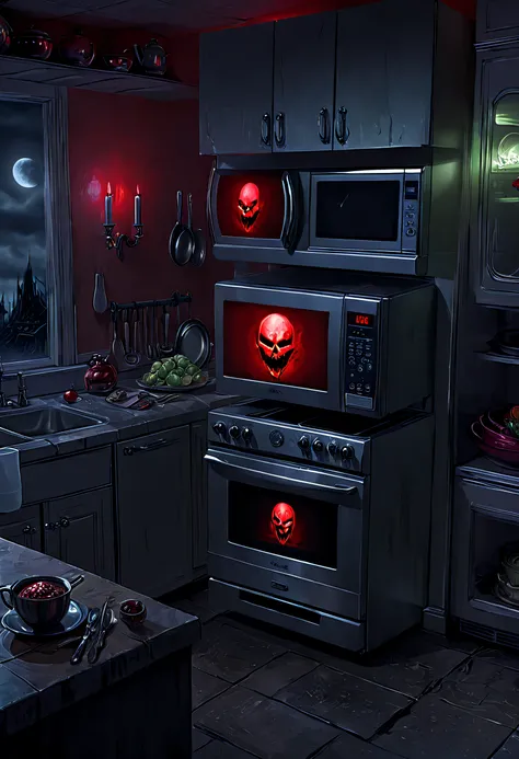(tmasterpiece),(ultra - detailed:1.3),Best quality at best,(Sparkling:1.2),(A weird magic kitchen:1.4),(Weird and evil kitchen microwaves: 1.5),(red full moon),evil kitchen appliances,Refrigerator、microwave oven、Blenders and other appliances will form an e...