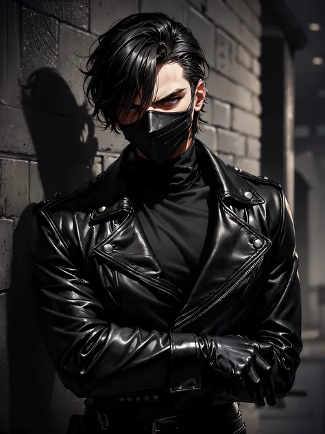 (1 male, man, a man 20-30 years old, handsome, attractive, sexy, a fierce look, piercing gaze, cold eyes, gray eyes, black hair), gothic rock style, (dressed in a black leather jacket with rolled up sleeves, black turtleneck, black leather pants, heavy boo...