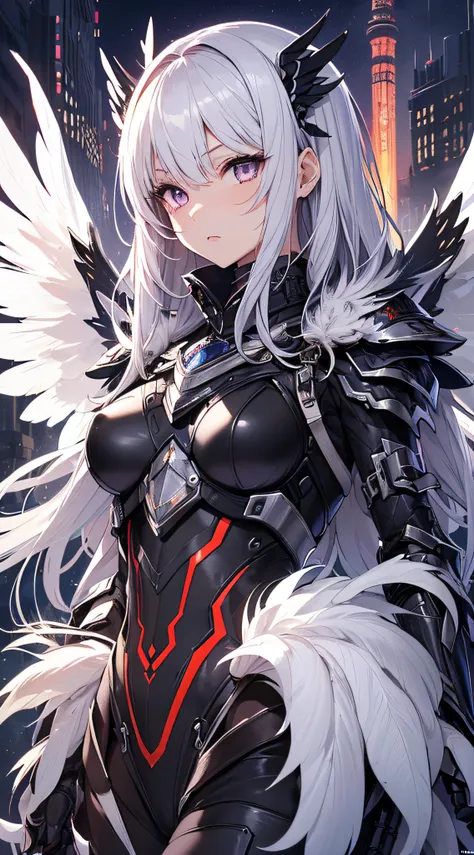 top-quality、Top image quality、​masterpiece、girl with((Silver and black mechanical body armor、silver mechanical arm、silver leg arms、Shining red body line、sixteen years old、teen ager、cute little、Best Bust、big bast,Beautiful shining purple eyes、Breasts wide o...