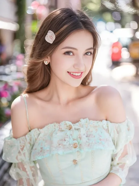 ((Best quality, 8k, Masterpiece :1.3)), 1girl, smiling, full body, slim face, Pretty woman, (Dark brown hair), full length dress :1.1, Ultra-detailed face, Detailed eyes, Double eyelid,  blur background, slim face, city, outside, street, pink, blue, green,...