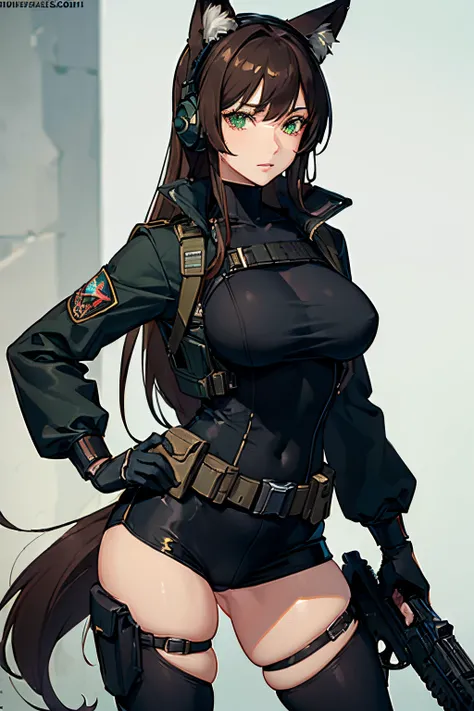 (Masterpiece: 1.5), (Best Quality: 1.5), (Perfect Face), 1 Woman, Mature Woman, Fox ears, Fox tail, green eyes, dark brown hair, big breasts, tactical gear, gun, spandex black shorts, tactical jacket, headset, gloves,