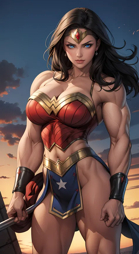 WONDERWOMAN sexy em traje midriff, side view,  athletic and fit body, malcriado, sacanagem, perfect hands, detailed hands, olhos perfeitos, olhos detalhados,  Glamour, sexy, malcriado, Posando, Side hands and arms, peitos grandes e perky, Realistic, HDR, U...