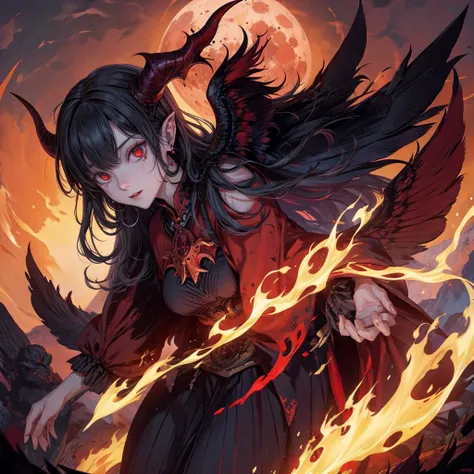 Dark Moon Demon Lord，chicken，Long horns on the head，wings，Blood Moon