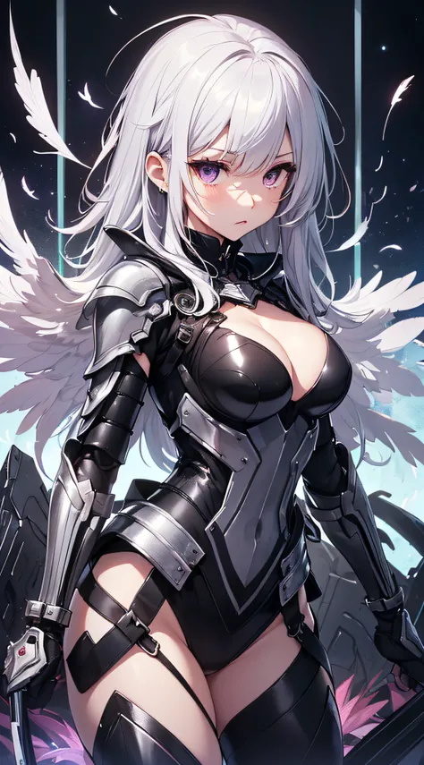 top-quality、Top image quality、​masterpiece、girl with((Silver and black mechanical body armor、silver mechanical arm、silver leg arms、Shining red body line、sixteen years old、teen ager、cute little、Best Bust、big bast,Beautiful shining purple eyes、Breasts wide o...