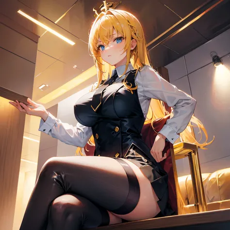 "anime girl, 1 person, bright blonde hair, golden eyes, crown on head, womens shirt, wearing black vest, tie, office uniform, big breasts, black dress, womens tights, stocking s, sitting on top  sofa, sitting cross-legged, chin resting, looking, character ...