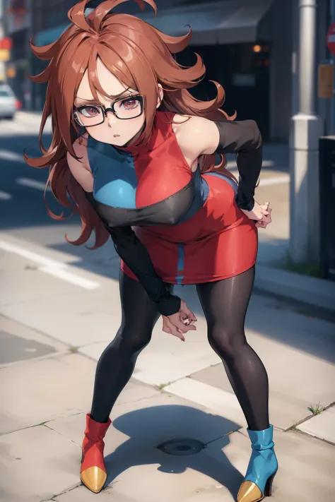 masutepiece, Best Quality, defa21, Glasses, check dress, arm warmer, Black pantyhose, asymmetric boots, Standing, City Street, Looking at Viewer, furrowed brow, Large breasts, Leaning forward, hands on own knees