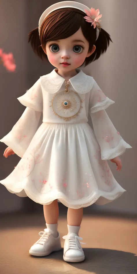 Cute little girl s，watery big eyes，full bodyesbian，Delicate shoes，Exquisite Hair，White clothes，，small，，Clay texture，clean backdrop，natural soft light，best qualtiy，hyper-detailing，arte 3D，c4d，，OC renderer，3Drenderingof，8k