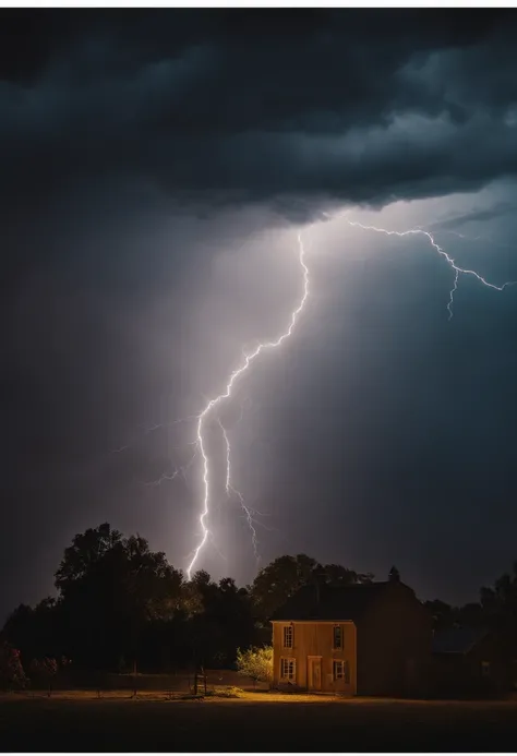 A visually pleasing composition of electric bolts forming a lightning storm in the background, with the bolts illuminating the sky in a dramatic and atmospheric manner.