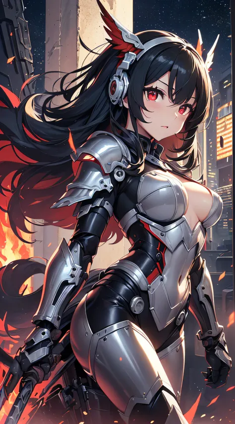 top-quality、Top image quality、​masterpiece、girl with((red and black mechanical body armor、silver mechanical arm、silver leg arms、Shining red body line、sixteen years old、teen ager、cute little、Best Bust、big bast,Beautiful shining red eyes、Breasts wide open, B...