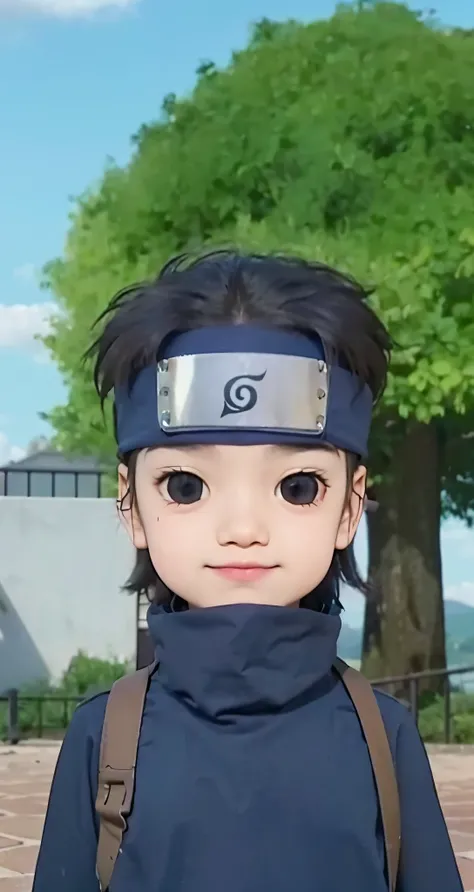 Real life adaption of this character , The handsome face of a little boy, realistic same hair , realistic same headband there is plate iron on the middle of headband (realistic same outfit), realistic background , realistic light, realistic shadow, realism...