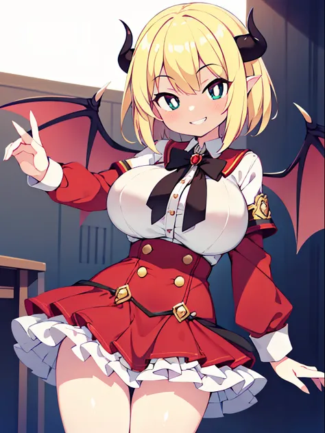 Front Focus, succubus, 1girl, solo, Best Quality, succubus school uniform, red clothes, contrapposto, layered skirts, short hair, blonde hair, shiny hair, white pupils, grin, smirk, big breasts, stylish pose, frilled dress, cute, devilish face,