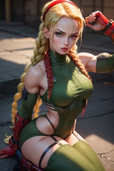 ((Cammy from the street fighter series))(ela tem grandes olhos brilhantes)(glossy and red lips) (Long blonde twin braids hairstyle) (Dark shadows compose)((seios grandes)) (Corpo fino perfeito)(Bunda redonda) (wears dark green knitted back , Manoplas verme...