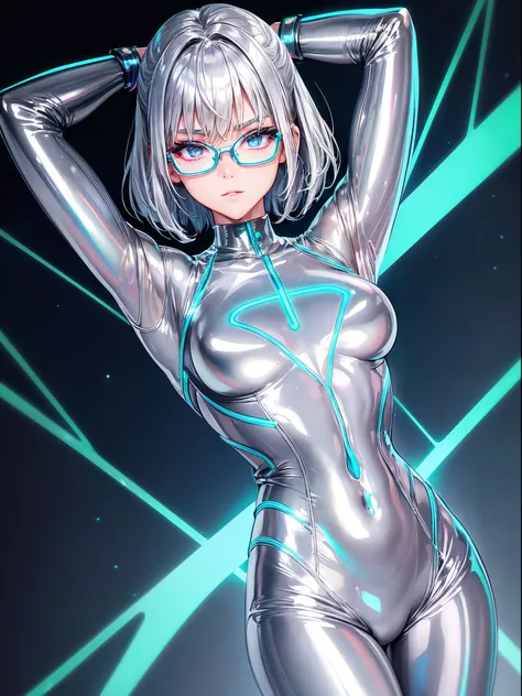 5 8K UHD、Shiny full body silver latex suit、Muscular beauty with short silver hair, fold your arms behind your head and put on your glasses, (Beauty in shiny silver latex suit with neon blue lines:1.4), glasses that hide skin、Front upper and lower body only