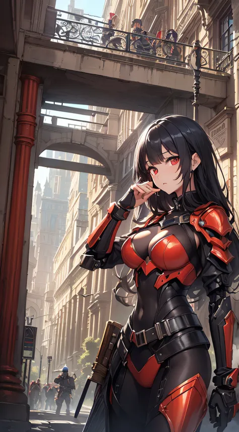 top-quality、Top image quality、​masterpiece、girl with((red and black mechanical body armor、Brown skin、Shining red body line、sixteen years old、teen ager、cute little、Best Bust、big bast,Beautiful shining red eyes、Breasts wide open, Black hair、Red mechanical wi...