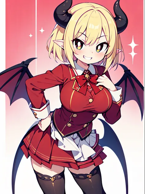 Front Focus, succubus, 1girl, solo, Best Quality, succubus school uniform, red clothes, contrapposto, layered skirts, short hair, blonde hair, shiny hair, white pupils, grin, smirk, big breasts, stylish pose, frilled dress, cute, devilish face, pointed ear...