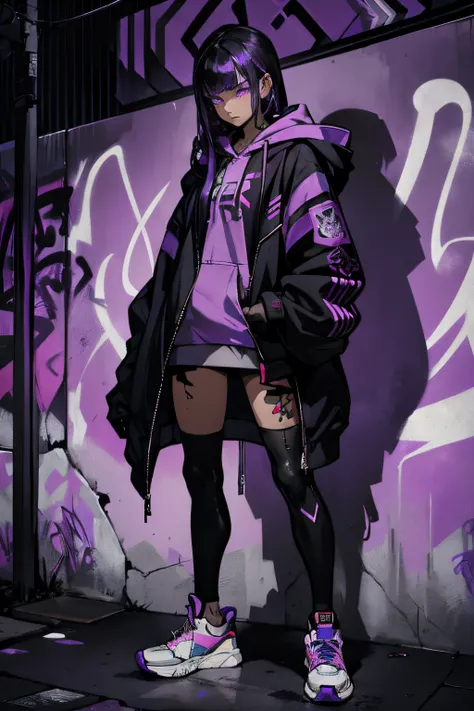 1girl, (ultra detailed eyes, glowing purple eyes), hoodie, unzipped coat, hood on, front bangs, blue eyes, edgy, standing in front of a graffiti-covered wall, street fashion, sneakers, spray paint cans, cyberpunk theme