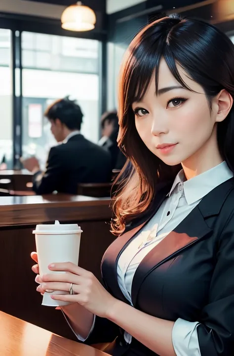 Tokyo City Cafe、Officelady、businesswoman、drinking a cup of coffee、Blushing face、A detailed face、Detailed eyes、Expression in love、Sloping face、Sit next to you、