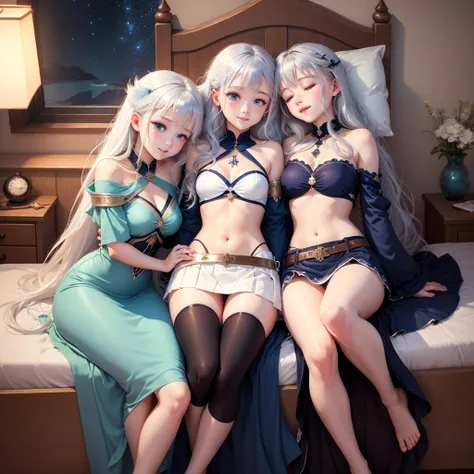 Silver hair beautiful girl long hair white mini skirt legs full body sleeves navel sea night sky moon blue clothes feathers darkness dark blue eyes sparkling eyes western style cute high quality fantasy shrine smiling bedroom two girls hugging sleeping