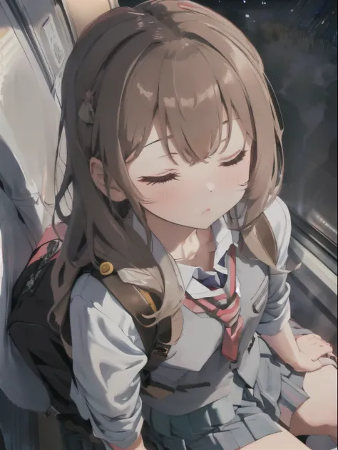 ((On the train at night)),Last train,fluffy hair,Long hair with voluminous curls,Light brown,(a large ribbon on the head),((Sitting on a train chair)),(Sleep while holding your student bag),((Blazer type school uniforms)),((Sleep with your head tilted and ...