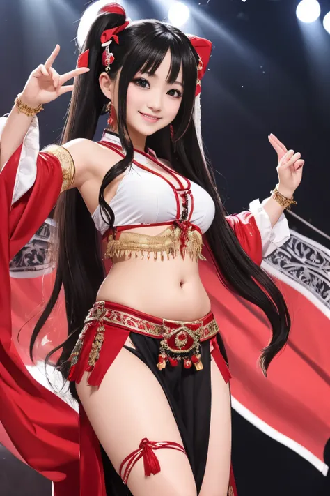 one girls、long twintail, show white teeth and smile, a dark-haired, black eyes、big red ribbon、big、belly dancer、dance、festival ba...