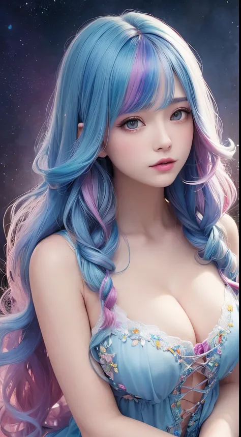 (​masterpiece、top-quality、Top image quality、Top resolution、watercolor paiting(Curly)、Official Art、Beautifully Aesthetic:1.2)、(1girl in:1.3)、(Fractal art:1.3)、The upper part of the body、large full breasts、from side、looking at the viewers、patterns、(rainbow-c...