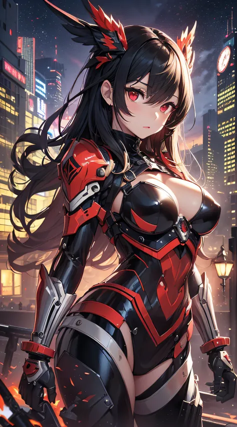 top-quality、Top image quality、​masterpiece、girl with((red and black mechanical body armor、Brown skin、Shining red body line、sixteen years old、teen ager、cute little、Best Bust、big bast,Beautiful shining red eyes、Breasts wide open, Black hair、Red mechanical wi...