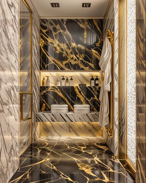 a close up of a bathroom with a marble floor and a walk in shower, marble walls, gold and luxury materials, baroque marble and gold in space, black marble and gold, marble material, exquisite marble details, marble and wood and glass, premium bathroom desi...