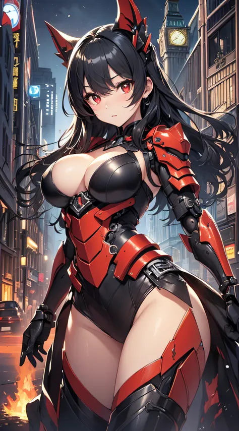 top-quality、Top image quality、​masterpiece、girl with((red and black mechanical body armor、Brown skin、Shining red body line、sixteen years old、teen ager、cute little、Best Bust、big bast,Beautiful shining red eyes、Breasts wide open, Black hair、Red mechanical wi...