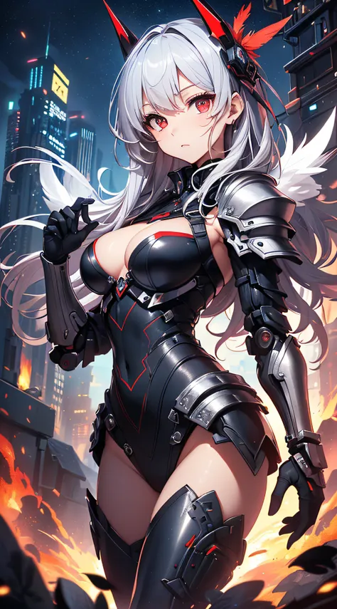 top-quality、Top image quality、​masterpiece、girl with((red and black mechanical body armor、silver mechanical arm with machine gun、silver leg arms、Shining red body line、sixteen years old、teen ager、cute little、Best Bust、big bast,Beautiful shining red eyes、Bre...