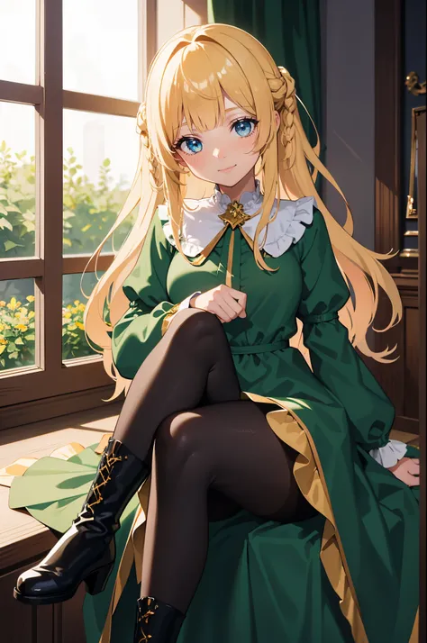 masterpiece,best quality, solo, 1 girl, female figure, yellwo hair, hime cut, blunt bangs, extra long hair, crystal blue eyes, sharp detailed eyes, white pantyhose, long sleeves,  dark green griffin style dress, thight dress, short green dress, golden deta...