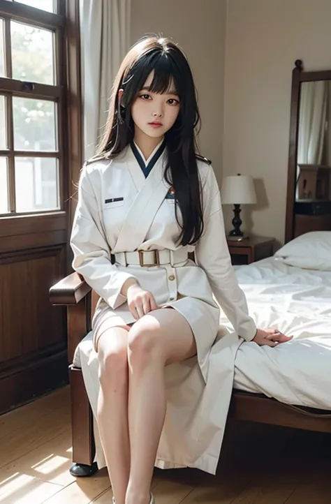 (Top resolution, Distinct_image) Best Quality, Woman, masutepiece, high detailing, Realism, Black hair, Bangs, Straight long hair, Mature, White clothes, White uniform, The beauty of the military school, Heroic posture, Interior background, Exquisite facia...