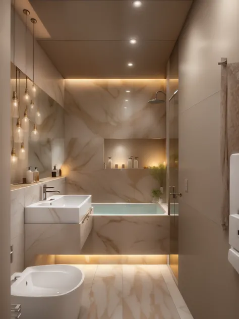 arafed bathroom with a large tub and a sink and a toilet, ioyful vibe and lighting, premium bathroom design, subtle and compelling lighting, bright ambient lighting, very beautiful ambient lighting, modern bathroom, dramatic ambient lighting, nice lighting...