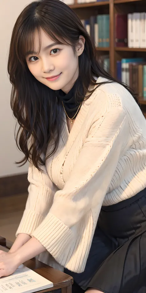 top-quality、Top image quality、​masterpiece、governess、25 years old women, black wavy long hair、bangss、tight beige turtleneck sweater, Puffy nipple、black long flared skirt, jaket、Medium milk, cute smile face、Face of shame、Shake your head、high-heels、sexy  pos...