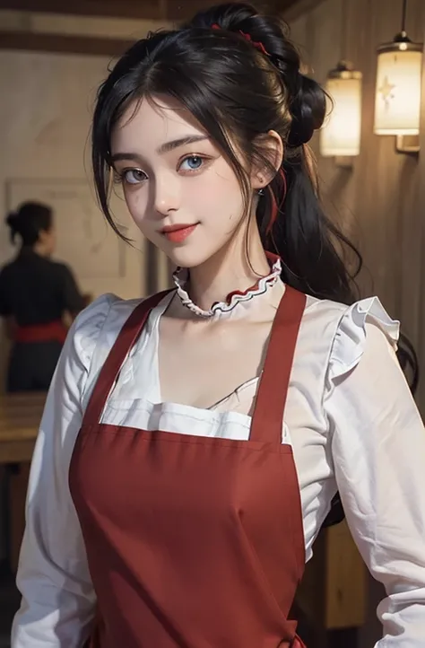 ((Best Quality, 8K, masutepiece)), ultra-detailliert, Sharp Focus, 1 cute girl, ((Red Polar Apron:1.4)), (Black hair, Upstyle:1.4), (Blouse:1.4), Highly detailed face and skin texture, ((Detailed eyes)), ((Beautiful eyes:1.4)), (Smile:1.15), (Closed mouth)...