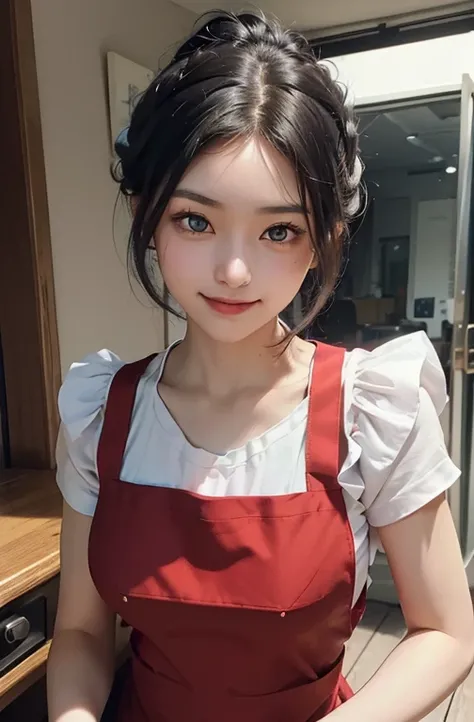 ((Best Quality, 8K, masutepiece)), ultra-detailliert, Sharp Focus, 1 cute girl, ((Red Polar Apron:1.4)), (Black hair, Upstyle:1.4), (Blouse:1.4), Highly detailed face and skin texture, ((Detailed eyes)), ((Beautiful eyes:1.4)), (Smile:1.15), (Closed mouth)...